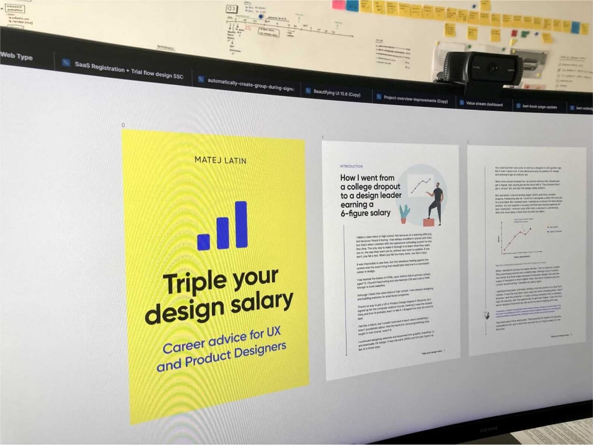 Screen with book designs titled "Triple your design salary"